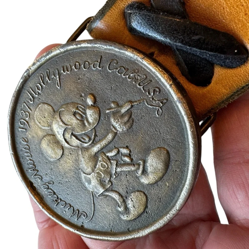 Vintage Mickey Mouse Disneyland Brass Tone Belt Buckle & Belt RARE - Picture 4 of 12